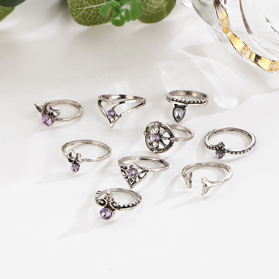 9 Pcs Bohemian Statement Ring Set Helm Leaf Knuckle Rings