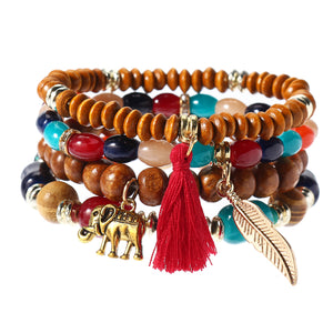 Retro Leaf Elephant Elastic Multilayer Bead Bracelet