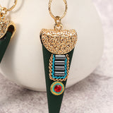 Women Bohemian Earrings Ethnic Gemstone Inlay Triangle Pendant Gold Plated Ear Drop Boho Jewelry