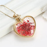 Gold Plated Glass Bottle Heart Dry Flower Pendant Necklace For Women