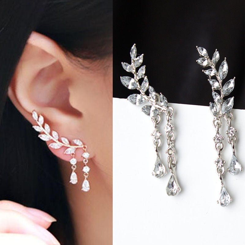 Sweet Leaf Rhinestone Tassel Crytral Earrings for Women