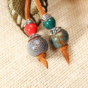 Retro Ceramic Colorful Beads Ball Leaf Leather Rope Necklace