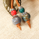 Retro Ceramic Colorful Beads Ball Leaf Leather Rope Necklace