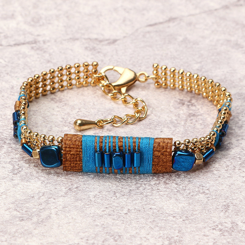 Bohemian Bracelet Gold Plated Blue Glass Bead Thread Charm Adjustable Bangle Boho Jewelry for Women 