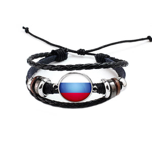 Unisex National Flag Pattern Bracelet Alloy Leather Rope Bracelet for Men Women