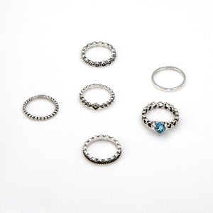 6 Pcs/Set Ethnic Antique Silver Rhinestone Heart Shape Rings