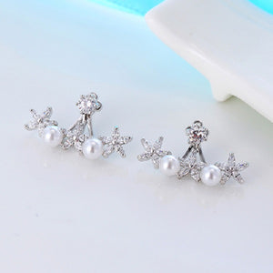 925 Silver Needle Pearl Flower Cubic Zircon Crystal Ear Stud Earrings