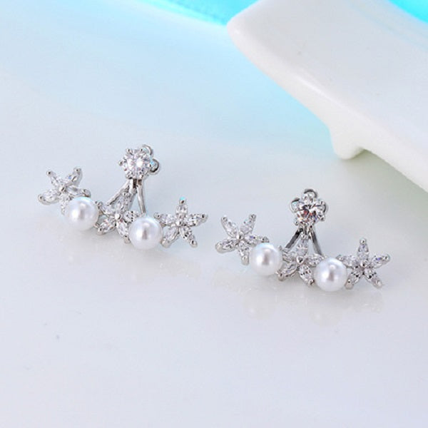 925 Silver Needle Pearl Flower Cubic Zircon Crystal Ear Stud Earrings