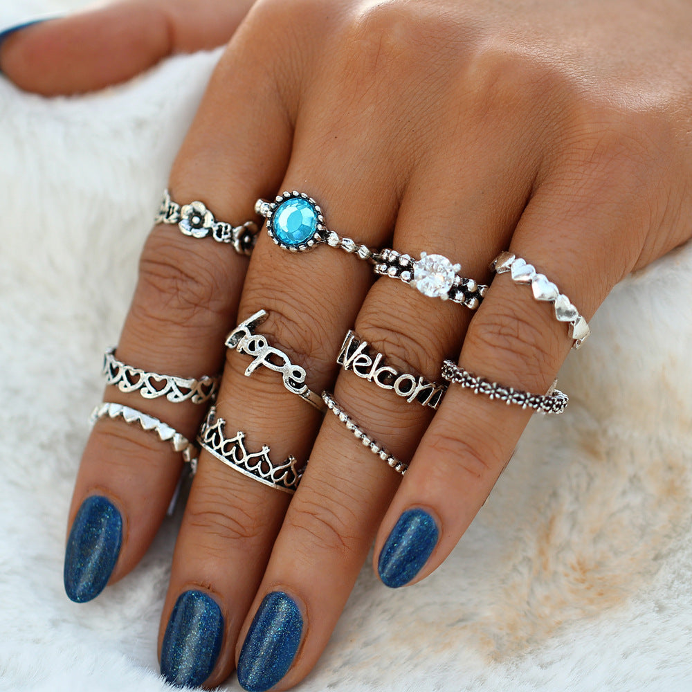 Vintage Crystal Knuckle Ring Set Geometric Silver Rings