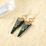 Women Bohemian Earrings Ethnic Gemstone Inlay Triangle Pendant Gold Plated Ear Drop Boho Jewelry