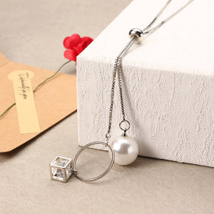 Elegant Pearl and Rhinestone Cube Hoop Pendant Silver Plated Tassel Long Necklace for Women