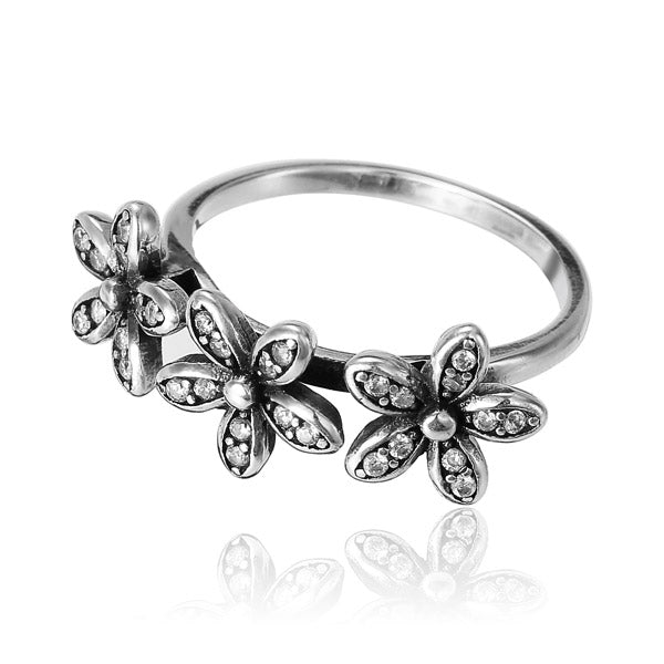  Vintage 925 Sterling Silver Three Flowers Crystal Ring Women Jewelry