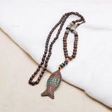 Handmade Nepal Buddhist Mala Wood Beaded Necklace Fish