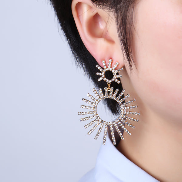 Luxury Gold Plated Full Rhinestones Shiny Sun Tassel Earring