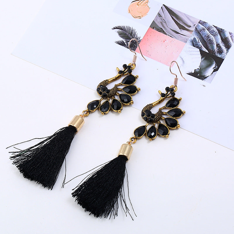 Ethnic Colorful Peacock Crystal Tassel Earrings for Women