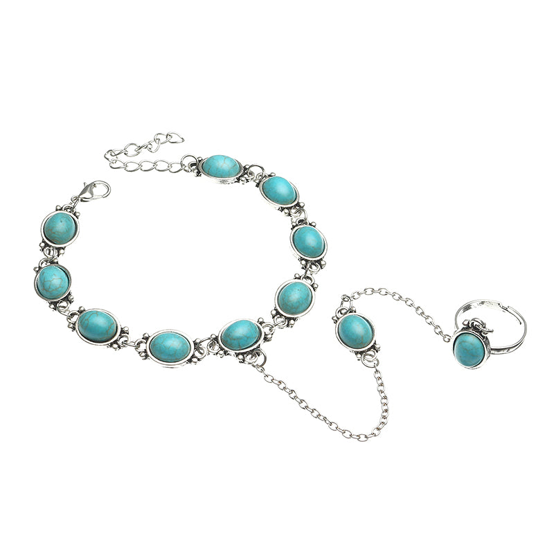 Bohemian Blue Turquoise Ring Bracelet Vintage Alloy Chain Bracelet Women Jewelry