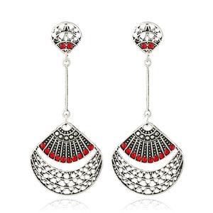 Retro Red Rhinestone Antique Silver Sector Ear Drop Vintage Earrings for Women