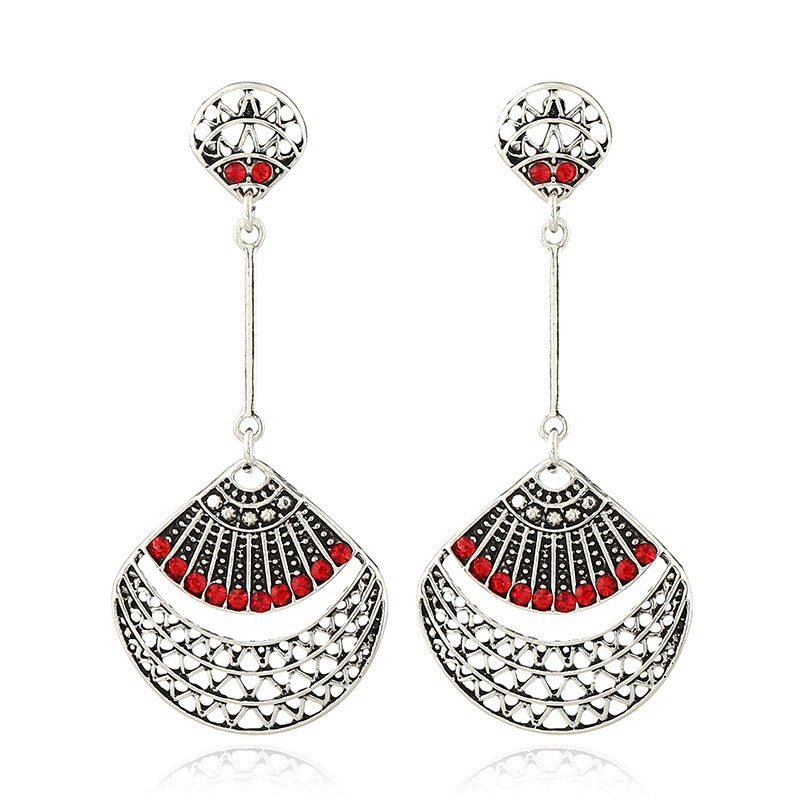 Retro Red Rhinestone Antique Silver Sector Ear Drop Vintage Earrings for Women