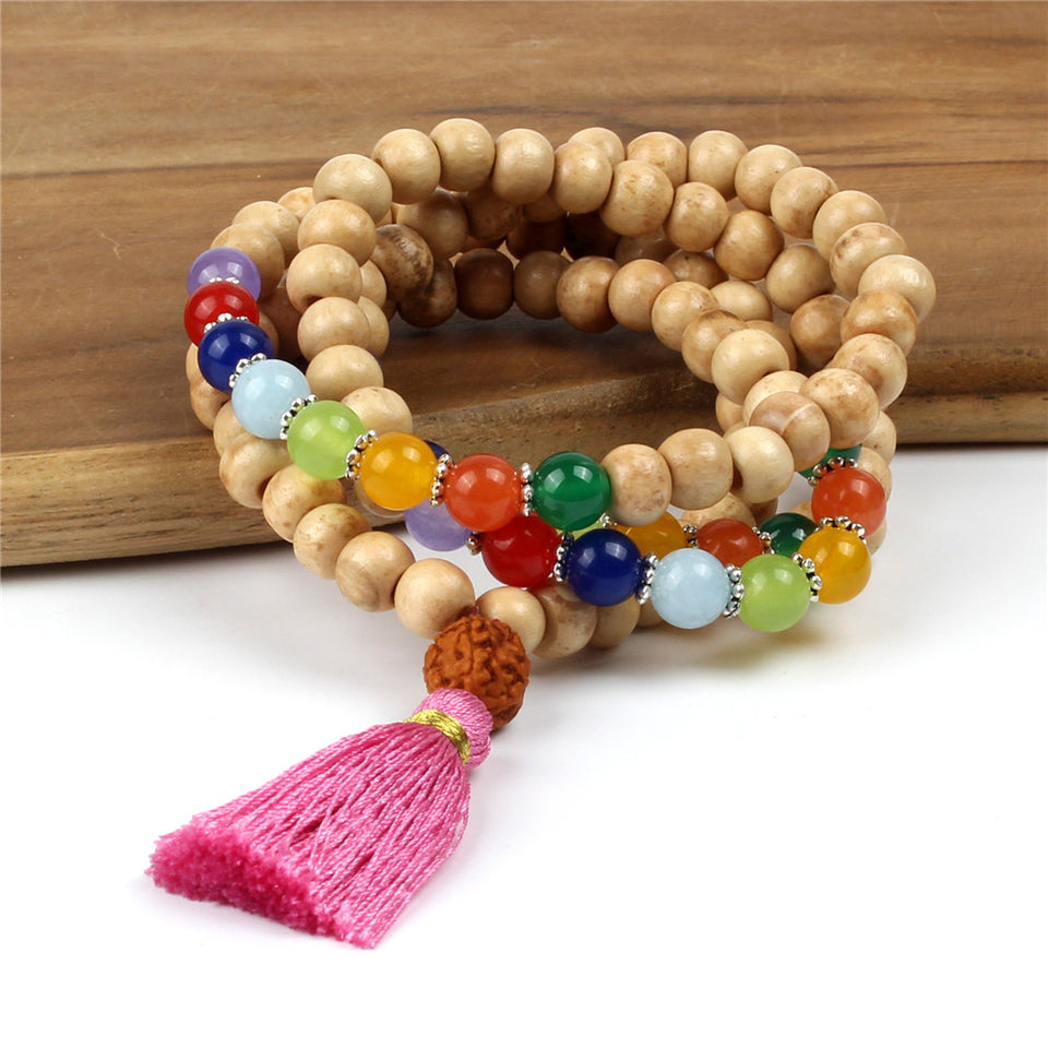 108Pcs Wood Buddha Beads Multilayer Bracelet Colorful Agate