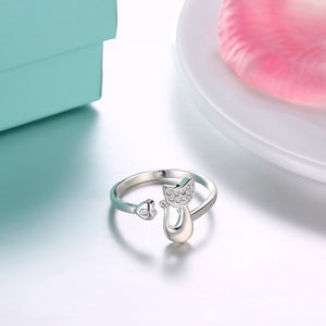 YUEYIN Fashion Opening Ring Silver Plated Cat Romantic Heart