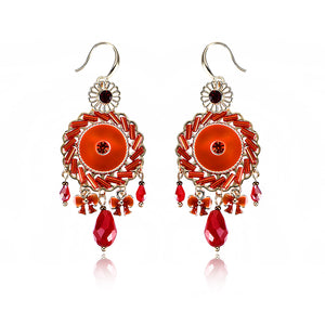 Bohemian Retro 14K Gold Plated Earrings Ethnic Sun Shape Bowknot Red Zircon Ear Drop for Women