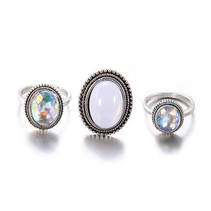 3Pcs/set Statement Silver Color Ring Set Big Gem Stone