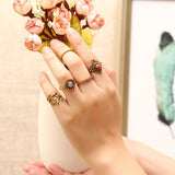 5 Pcs Punk Leaf Ring Set Retro Golden Zinc Alloy Red and Purple Stone Knuckle Ring Jewelry for Women