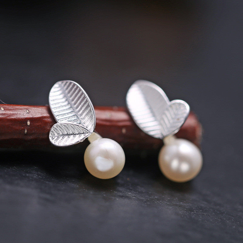 Sweet 925 Sterling Silver Leaves Pearl Earrings Women Jewelry