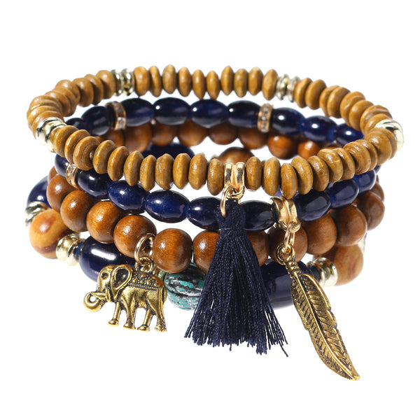 Retro Leaf Elephant Elastic Multilayer Bead Bracelet