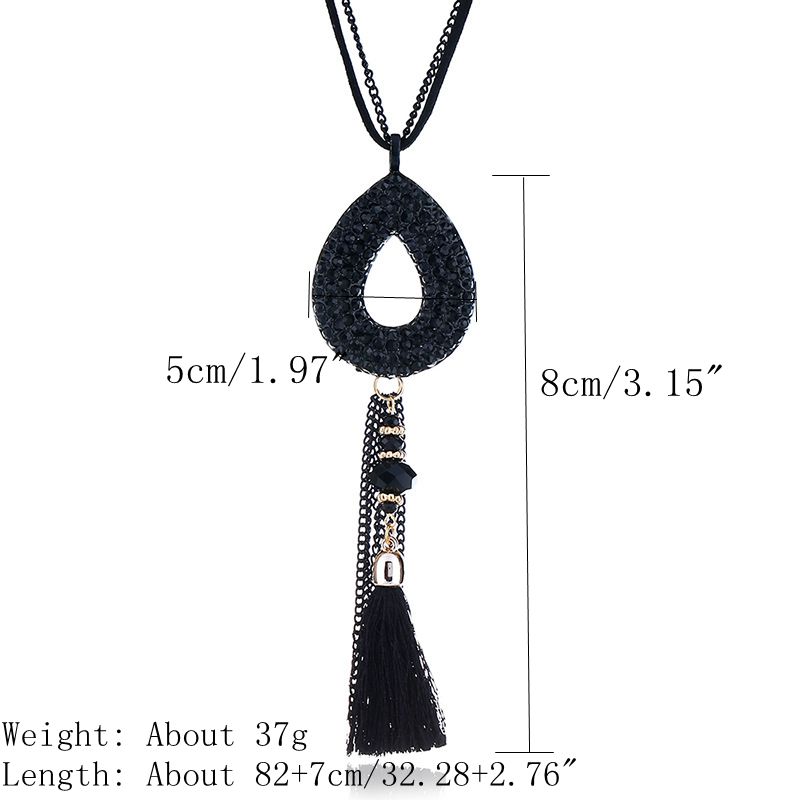 Retro Oval Rhinestone Pendant  Velvet Tassels Long Necklace