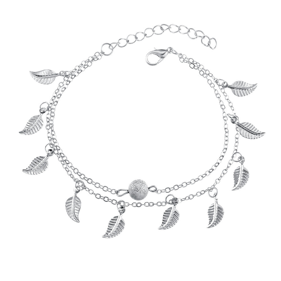 Trendy Silver Gold Color Leaf Pendant Anklet Double Layer