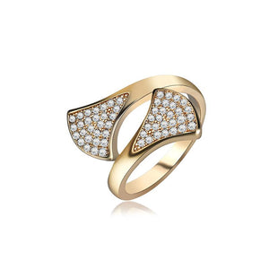 Elegant Sterling 24K Gold Plated Shiny Zircon Fan Shape Interlaced Ring Fashion Women Jewelry