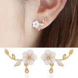 Sweet Flower Leaf White Zircon Crystal Ear Stud Earrings Women Jewelry