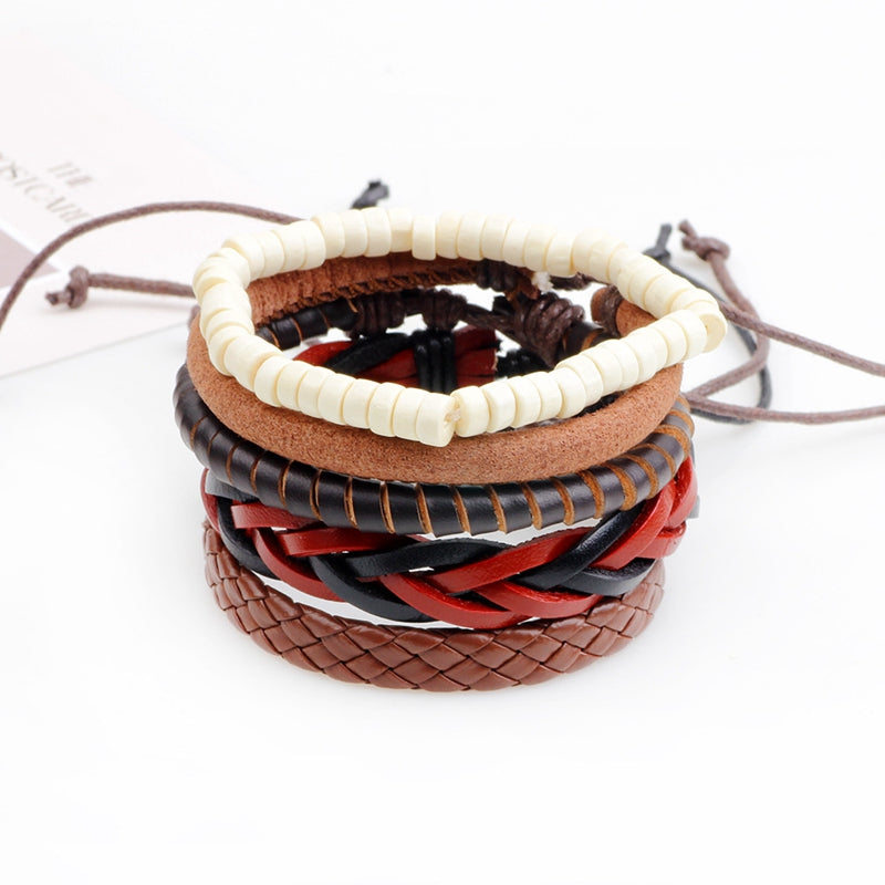 Unisex Adjustable Leather Wax Rope Multilayer Bead Bracelet