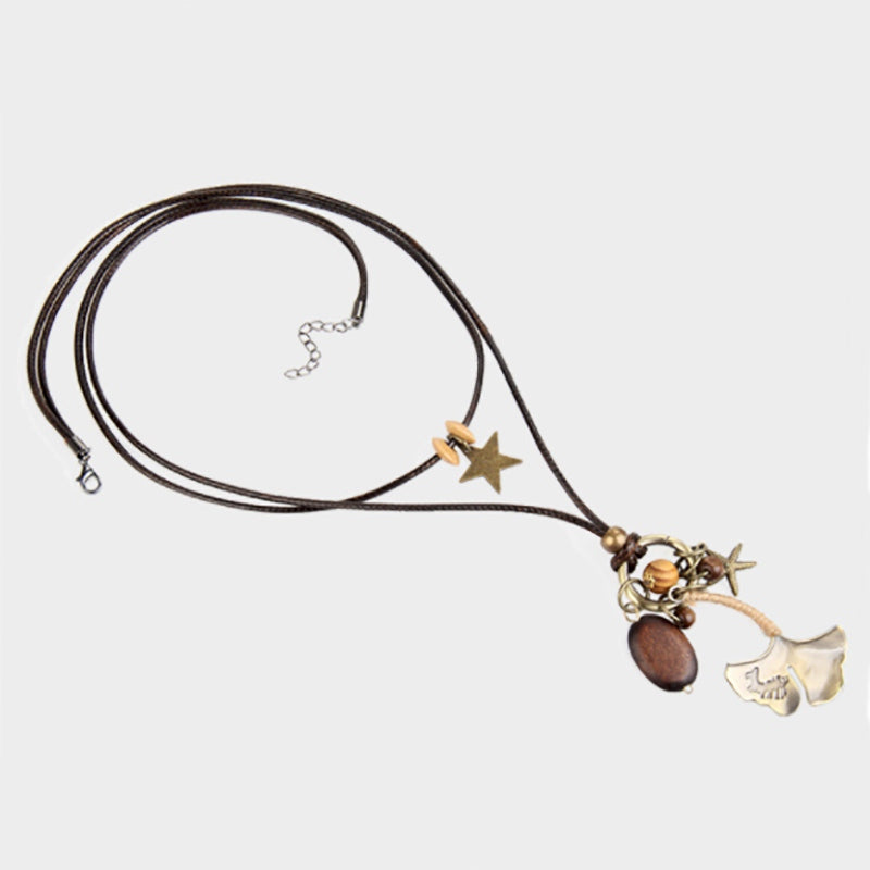 Retro Wax Rope Stars Alloy Leaf Long Pendant Sweater Chain