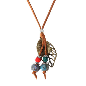 Retro Ceramic Colorful Beads Ball Leaf Leather Rope Necklace