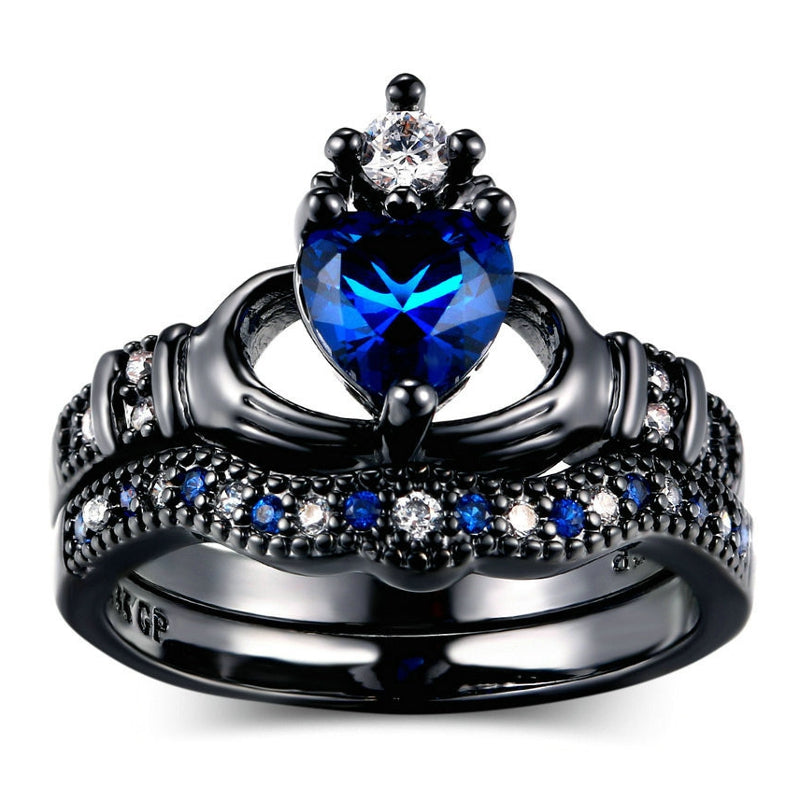 Blue Zirconia Gemstone Crown Ring Love Heart Stackable Finger Ring Set