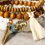 Retro Leaf Elephant Elastic Multilayer Bead Bracelet