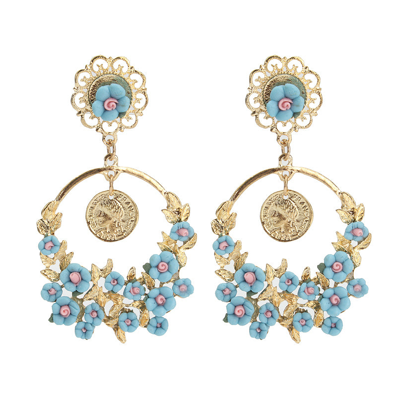 Vintage Flower Exaggerated Ear Drop Women Earrings 