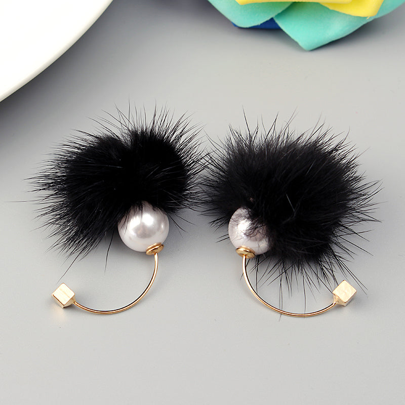 Fuzzy Ball Ear Drop Artificial Pearl Cute Earrings 