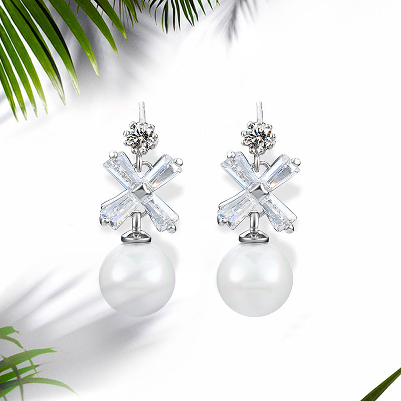 Elegant Women Piercing Earrings Artificial Pearl Shiny Zircon Cross Flower Pendant Ear Stud Gift