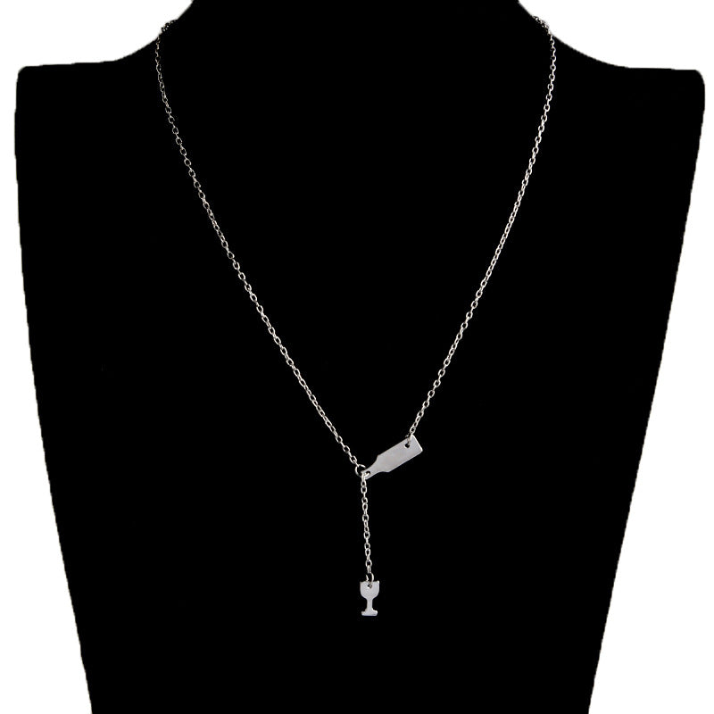 Pendant Necklace Elegant Chain Beer Wineglass Silver