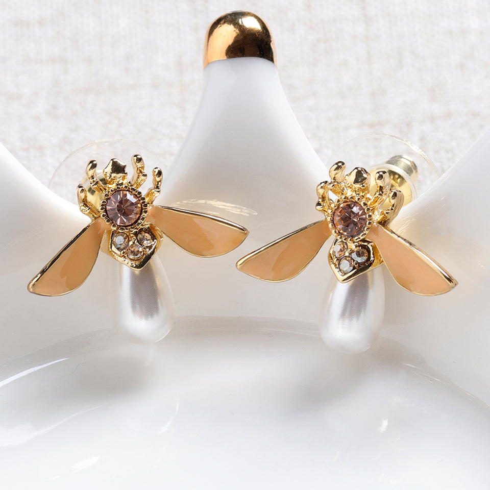 Cute Bees Ear Stud Luxury Gold Plated Gemstone Pearl Earring