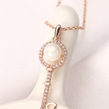 Sweet Rose Gold Plated Artificial Pearl Inlay Heart Key Pendant Shiny Zircon Necklace For Women
