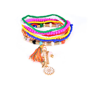 Bohemian Tassel Flower Leaf Pendant Multilayer Beads Bracelets for Women 