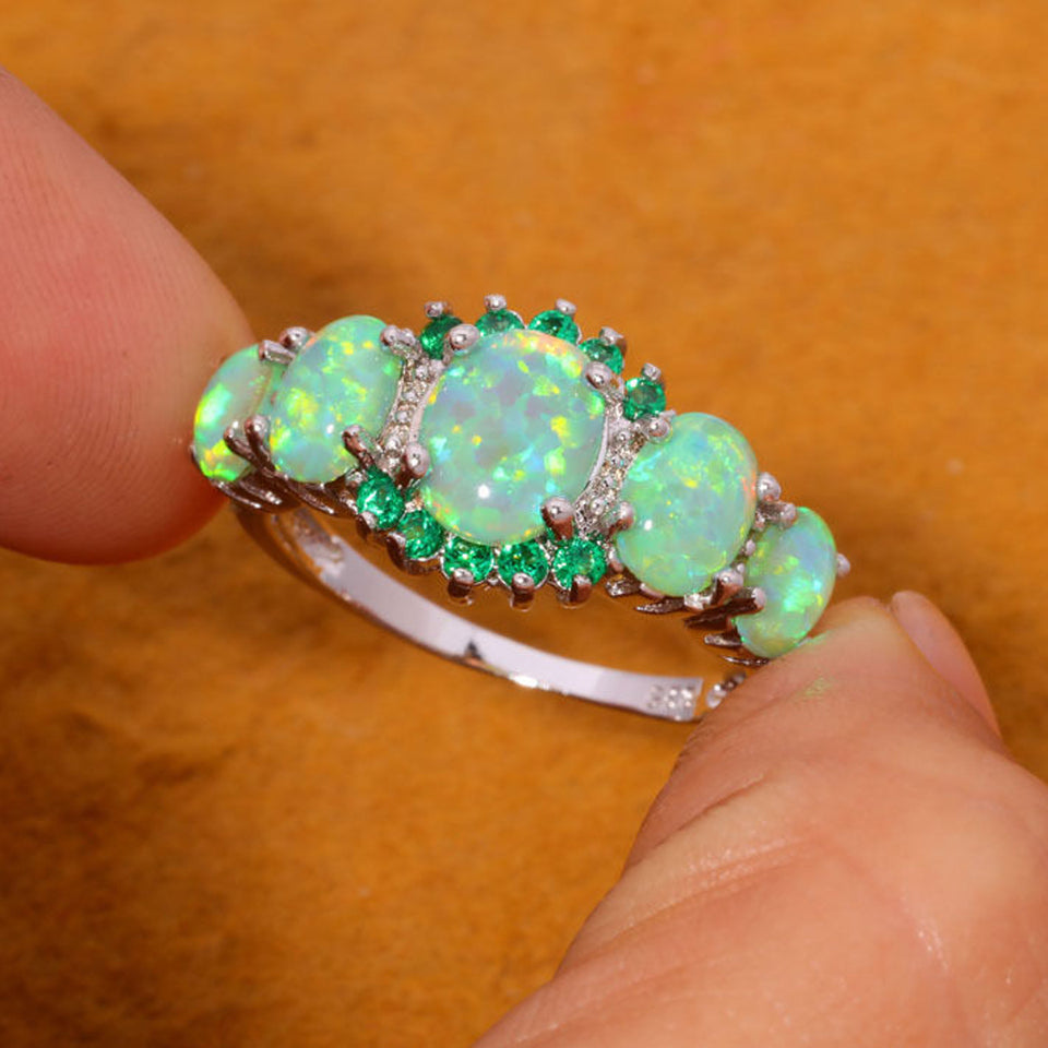 Green Fire Opal & Emerald Wedding Ring Women Jewelry Gems