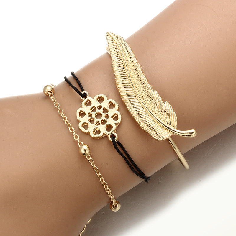 3Pcs Trendy Bracelet Sets Feather Heart Gold Bangle