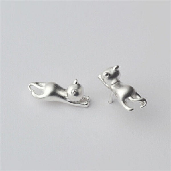 Lovely 925 Sterling Silver Platinum Animal Small Cat Ear Stud Earrings