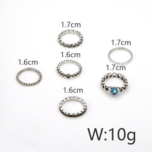 6 Pcs/Set Ethnic Antique Silver Rhinestone Heart Shape Rings