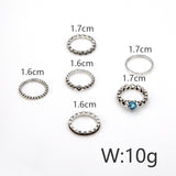 6 Pcs/Set Ethnic Antique Silver Rhinestone Heart Shape Rings